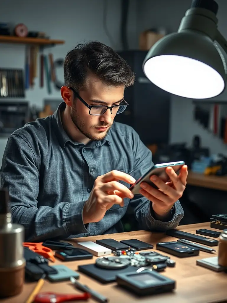 A close-up shot of a technician carefully inspecting an iPhone X during the refurbishment process, highlighting the company's commitment to quality assurance.