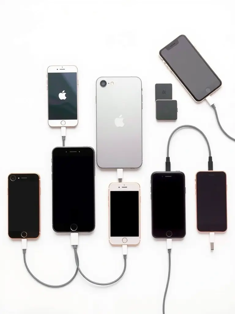 A diverse collection of refurbished iPhones (8, SE, etc.) displayed to represent the wide range of models and storage options available at TECHNOLOGIES MARION S.R.L.