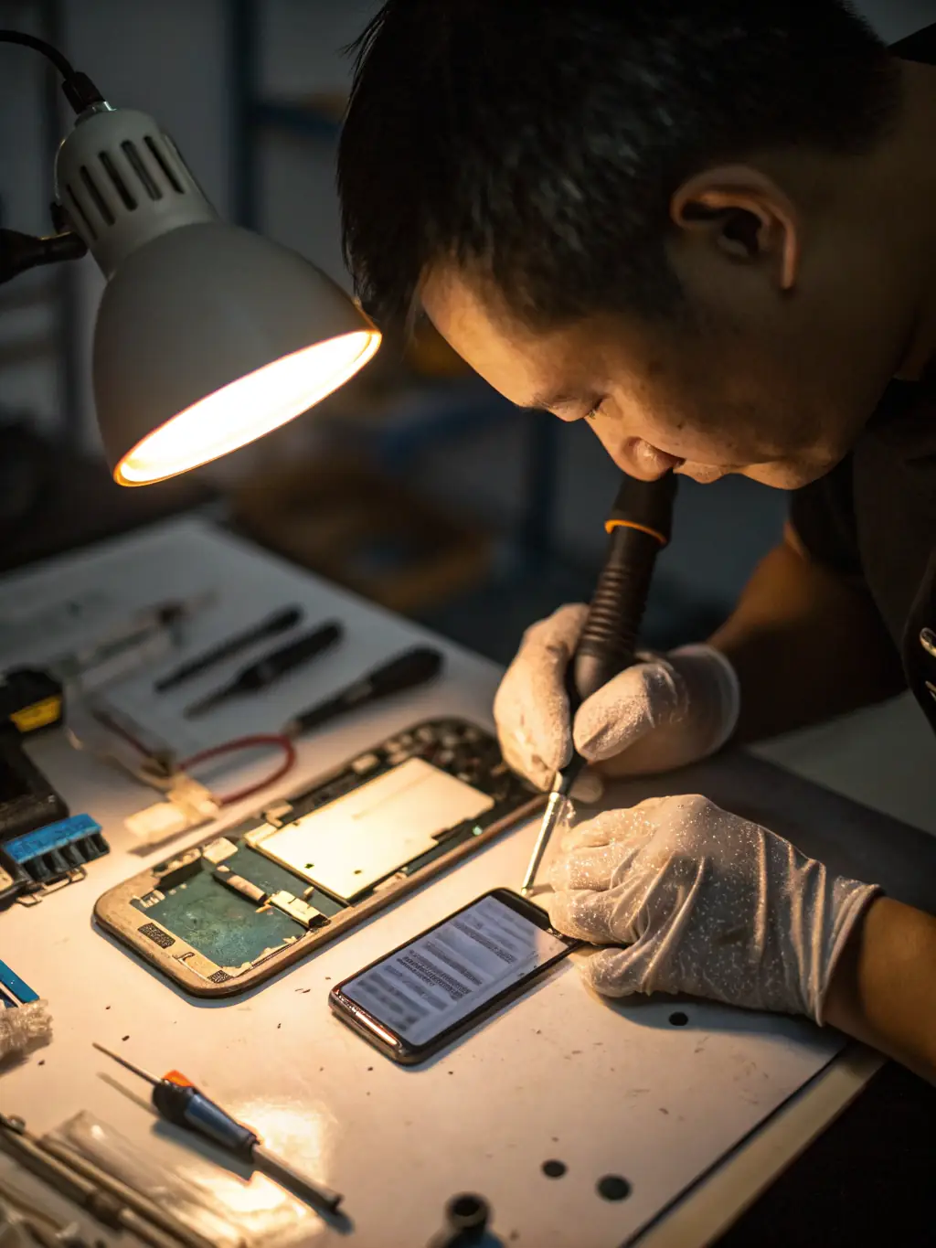 A refurbished iPhone XR being carefully inspected by a technician in a clean, well-lit workshop, demonstrating the quality control processes at TECHNOLOGIES MARION S.R.L.